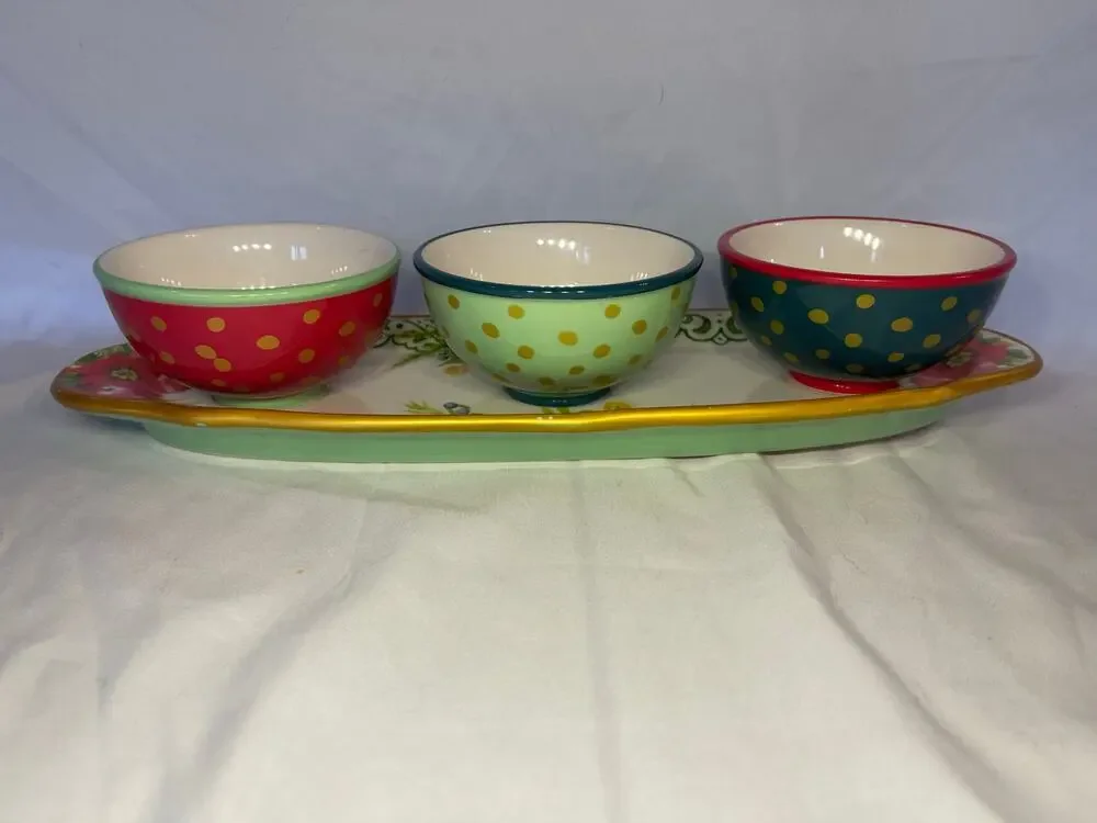 Pioneer Woman- Garland Ceramic Condiment Set 4 PCS 3 Bowls Tray Holiday Dish